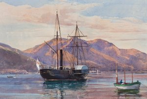 Gaeta: Bir buharlı fırkateyn, muhtemelen Borbone bayrağını taşıyan kraliyet vapuru Delfino veya Archimede, bir Borbone öğrencisi, muhtemelen Prenses Maria Annunziata di Borbone (1843-1871) (penc